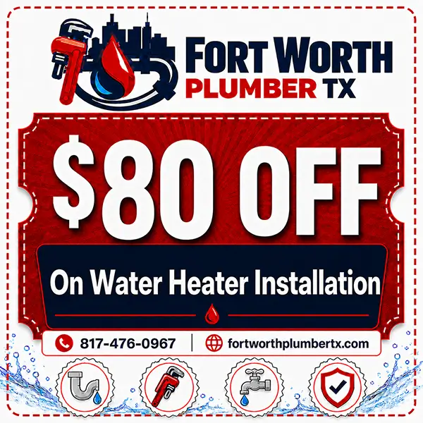 80 dollars off water heater installation coupon from Fort Worth Plumber TX